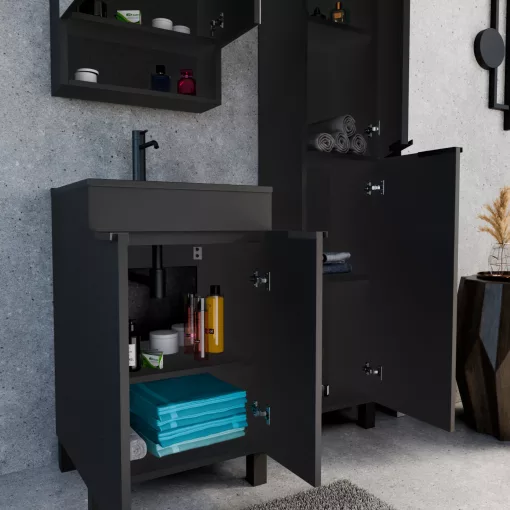 HD Paris Matt Black 50 komplett fürdőszoba bútor szett álló mosdószekrénnyel, matt fekete elemekkel, matt fekete slim mosdóval, tükrös szekrénnyel és magasszekrénnyel