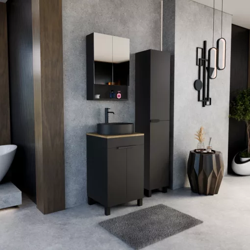 HD Paris Matt Black 50 komplett fürdőszoba bútor szett álló mosdószekrénnyel, matt fekete elemekkel, tölgyfa színű mosdópulttal, tükrös szekrénnyel és magasszekrénnyel