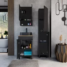 HD Paris Matt Black 50 komplett fürdőszoba bútor szett álló mosdószekrénnyel, matt fekete elemekkel, tölgyfa színű mosdópulttal, tükrös szekrénnyel és magasszekrénnyel