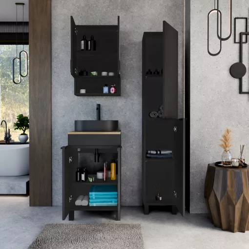 HD Paris Matt Black 50 komplett fürdőszoba bútor szett álló mosdószekrénnyel, matt fekete elemekkel, tölgyfa színű mosdópulttal, tükrös szekrénnyel és magasszekrénnyel