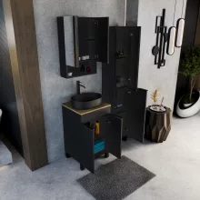 HD Paris Matt Black 50 komplett fürdőszoba bútor szett álló mosdószekrénnyel, matt fekete elemekkel, tölgyfa színű mosdópulttal, tükrös szekrénnyel és magasszekrénnyel