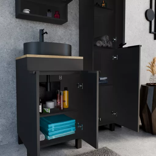 HD Paris Matt Black 50 komplett fürdőszoba bútor szett álló mosdószekrénnyel, matt fekete elemekkel, tölgyfa színű mosdópulttal, tükrös szekrénnyel és magasszekrénnyel