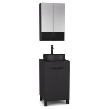 HD Paris Matt Black 50 komplett fürdőszoba bútor álló mosdószekrénnyel, matt fekete elemekkel, fekete mosdópulttal és tükrös szekrénnyel