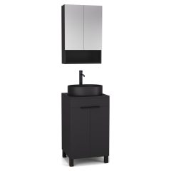   HD Paris Matt Black 50 komplett fürdőszoba bútor álló mosdószekrénnyel, matt fekete elemekkel, fekete mosdópulttal és tükrös szekrénnyel
