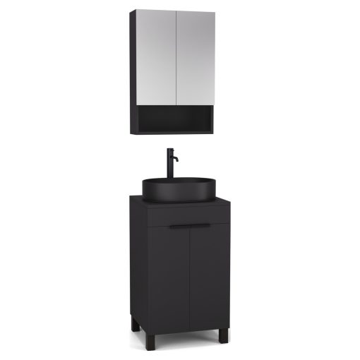 HD Paris Matt Black 50 komplett fürdőszoba bútor álló mosdószekrénnyel, matt fekete elemekkel, fekete mosdópulttal és tükrös szekrénnyel