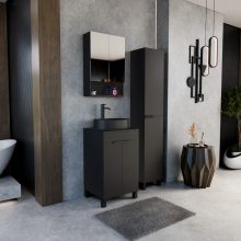 HD Paris Matt Black 50 komplett fürdőszoba bútor álló mosdószekrénnyel, matt fekete elemekkel, fekete mosdópulttal és tükrös szekrénnyel