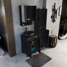 HD Paris Matt Black 50 komplett fürdőszoba bútor álló mosdószekrénnyel, matt fekete elemekkel, fekete mosdópulttal és tükrös szekrénnyel