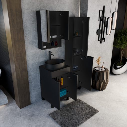 HD Paris Matt Black 50 komplett fürdőszoba bútor álló mosdószekrénnyel, matt fekete elemekkel, fekete mosdópulttal és tükrös szekrénnyel