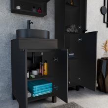 HD Paris Matt Black 50 komplett fürdőszoba bútor álló mosdószekrénnyel, matt fekete elemekkel, fekete mosdópulttal és tükrös szekrénnyel