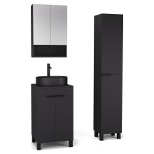 HD Paris Matt Black 50 komplett fürdőszoba bútor szett álló mosdószekrénnyel, matt fekete elemekkel, fekete mosdópulttal, tükrös szekrénnyel és magasszekrénnyel