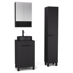   HD Paris Matt Black 50 komplett fürdőszoba bútor szett álló mosdószekrénnyel, matt fekete elemekkel, fekete mosdópulttal, tükrös szekrénnyel és magasszekrénnyel