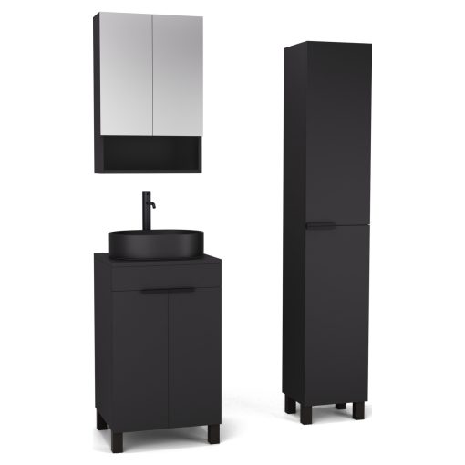 HD Paris Matt Black 50 komplett fürdőszoba bútor szett álló mosdószekrénnyel, matt fekete elemekkel, fekete mosdópulttal, tükrös szekrénnyel és magasszekrénnyel