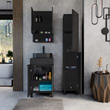 HD Paris Matt Black 50 komplett fürdőszoba bútor szett álló mosdószekrénnyel, matt fekete elemekkel, fekete mosdópulttal, tükrös szekrénnyel és magasszekrénnyel