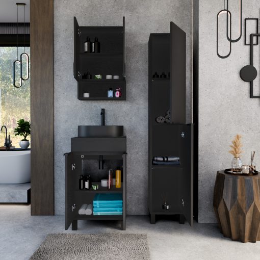 HD Paris Matt Black 50 komplett fürdőszoba bútor szett álló mosdószekrénnyel, matt fekete elemekkel, fekete mosdópulttal, tükrös szekrénnyel és magasszekrénnyel