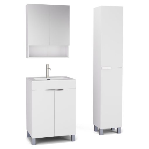 HD Paris Matt White 60 komplett fürdőszoba bútor szett álló mosdószekrénnyel, fényes króm elemekkel, fényes fehér slim mosdóval, tükrös szekrénnyel és magasszekrénnyel