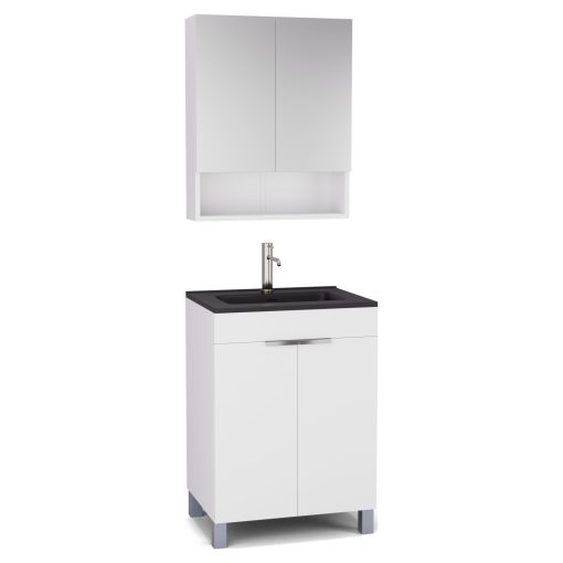 HD Paris Matt White 60 komplett fürdőszoba bútor álló mosdószekrénnyel, fényes króm elemekkel, matt fekete slim mosdóval és tükrös szekrénnyel