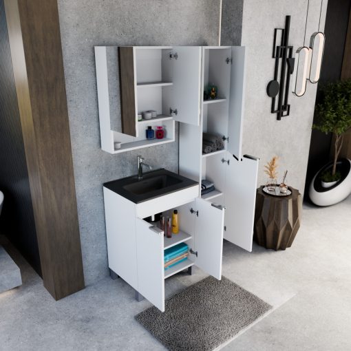 HD Paris Matt White 60 komplett fürdőszoba bútor álló mosdószekrénnyel, fényes króm elemekkel, matt fekete slim mosdóval és tükrös szekrénnyel