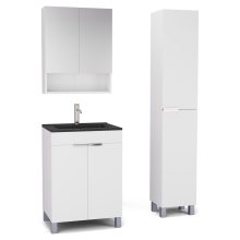 HD Paris Matt White 60 komplett fürdőszoba bútor szett álló mosdószekrénnyel, fényes króm elemekkel, matt fekete slim mosdóval, tükrös szekrénnyel és magasszekrénnyel