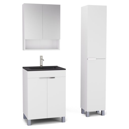 HD Paris Matt White 60 komplett fürdőszoba bútor szett álló mosdószekrénnyel, fényes króm elemekkel, matt fekete slim mosdóval, tükrös szekrénnyel és magasszekrénnyel