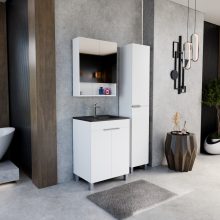 HD Paris Matt White 60 komplett fürdőszoba bútor szett álló mosdószekrénnyel, fényes króm elemekkel, matt fekete slim mosdóval, tükrös szekrénnyel és magasszekrénnyel