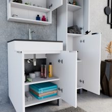 HD Paris Matt White 60 komplett fürdőszoba bútor szett álló mosdószekrénnyel, fényes króm elemekkel, matt fekete slim mosdóval, tükrös szekrénnyel és magasszekrénnyel