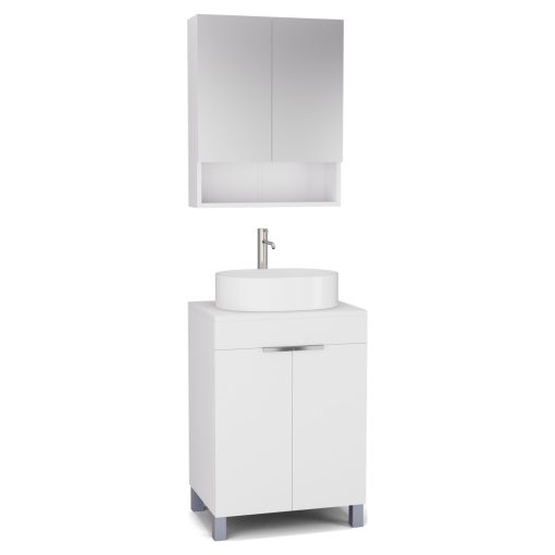 HD Paris Matt White 60 komplett fürdőszoba bútor álló mosdószekrénnyel, fényes króm elemekkel, matt fehér mosdópulttal és tükrös szekrénnyel