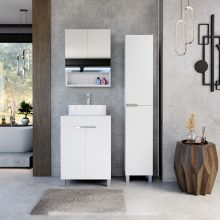 HD Paris Matt White 60 komplett fürdőszoba bútor álló mosdószekrénnyel, fényes króm elemekkel, matt fehér mosdópulttal és tükrös szekrénnyel