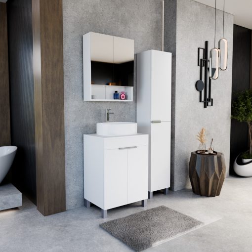 HD Paris Matt White 60 komplett fürdőszoba bútor álló mosdószekrénnyel, fényes króm elemekkel, matt fehér mosdópulttal és tükrös szekrénnyel