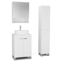 HD Paris Matt White 60 komplett fürdőszoba bútor szett álló mosdószekrénnyel, fényes króm elemekkel, matt fehér mosdópulttal, tükrös szekrénnyel és magasszekrénnyel