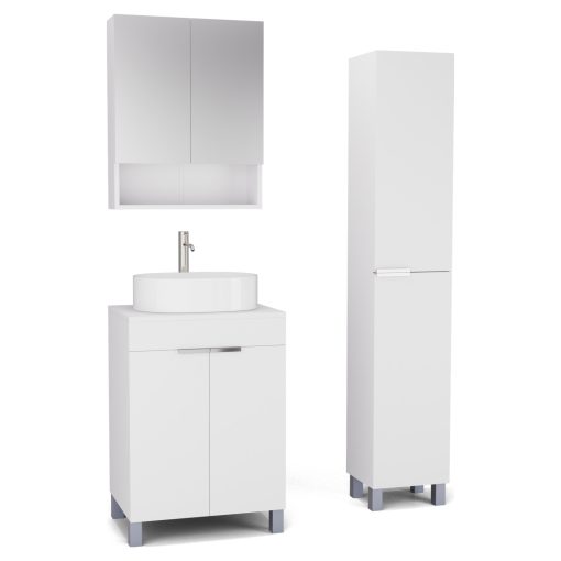 HD Paris Matt White 60 komplett fürdőszoba bútor szett álló mosdószekrénnyel, fényes króm elemekkel, matt fehér mosdópulttal, tükrös szekrénnyel és magasszekrénnyel