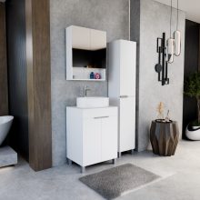 HD Paris Matt White 60 komplett fürdőszoba bútor szett álló mosdószekrénnyel, fényes króm elemekkel, matt fehér mosdópulttal, tükrös szekrénnyel és magasszekrénnyel