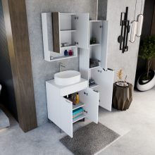 HD Paris Matt White 60 komplett fürdőszoba bútor szett álló mosdószekrénnyel, fényes króm elemekkel, matt fehér mosdópulttal, tükrös szekrénnyel és magasszekrénnyel