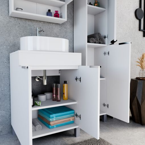 HD Paris Matt White 60 komplett fürdőszoba bútor szett álló mosdószekrénnyel, fényes króm elemekkel, matt fehér mosdópulttal, tükrös szekrénnyel és magasszekrénnyel