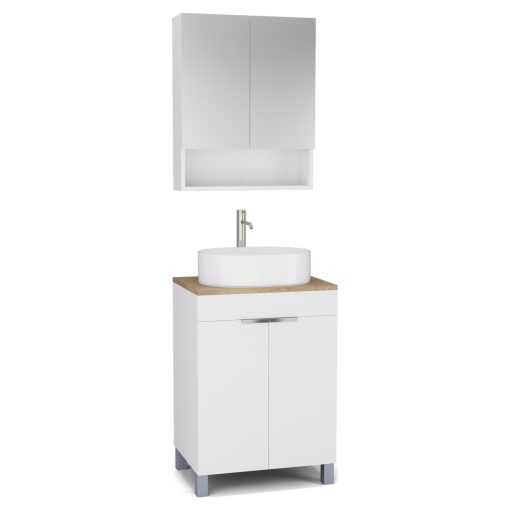HD Paris Matt White 60 komplett fürdőszoba bútor álló mosdószekrénnyel, fényes króm elemekkel, tölgyfa színű mosdópulttal és tükrös szekrénnyel