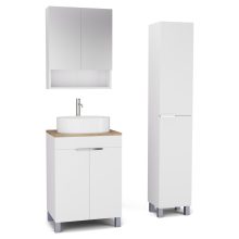 HD Paris Matt White 60 komplett fürdőszoba bútor szett álló mosdószekrénnyel, fényes króm elemekkel, tölgyfa színű mosdópulttal, tükrös szekrénnyel és magasszekrénnyel