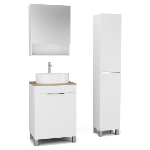 HD Paris Matt White 60 komplett fürdőszoba bútor szett álló mosdószekrénnyel, fényes króm elemekkel, tölgyfa színű mosdópulttal, tükrös szekrénnyel és magasszekrénnyel