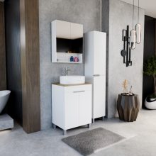 HD Paris Matt White 60 komplett fürdőszoba bútor szett álló mosdószekrénnyel, fényes króm elemekkel, tölgyfa színű mosdópulttal, tükrös szekrénnyel és magasszekrénnyel