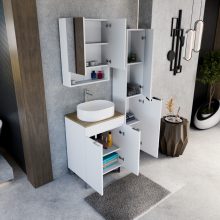 HD Paris Matt White 60 komplett fürdőszoba bútor szett álló mosdószekrénnyel, fényes króm elemekkel, tölgyfa színű mosdópulttal, tükrös szekrénnyel és magasszekrénnyel