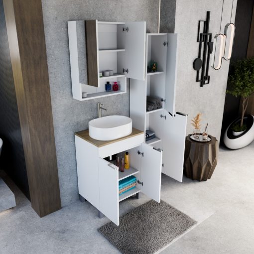 HD Paris Matt White 60 komplett fürdőszoba bútor szett álló mosdószekrénnyel, fényes króm elemekkel, tölgyfa színű mosdópulttal, tükrös szekrénnyel és magasszekrénnyel