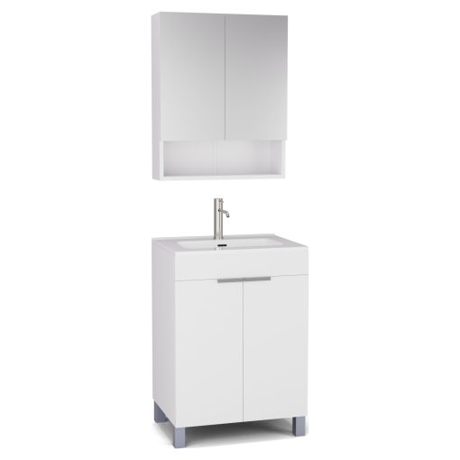 HD Paris Matt White 60 komplett fürdőszoba bútor álló mosdószekrénnyel, szálcsiszolt króm elemekkel, fényes fehér slim mosdóval és tükrös szekrénnyel