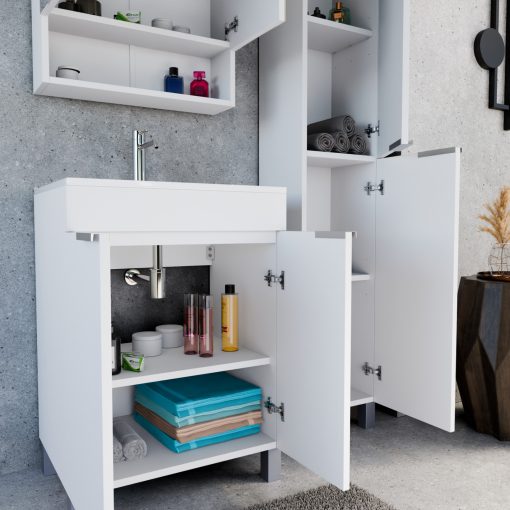 HD Paris Matt White 60 komplett fürdőszoba bútor álló mosdószekrénnyel, szálcsiszolt króm elemekkel, fényes fehér slim mosdóval és tükrös szekrénnyel