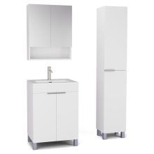 HD Paris Matt White 60 komplett fürdőszoba bútor szett álló mosdószekrénnyel, szálcsiszolt króm elemekkel, fényes fehér slim mosdóval, tükrös szekrénnyel és magasszekrénnyel