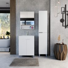 HD Paris Matt White 60 komplett fürdőszoba bútor szett álló mosdószekrénnyel, szálcsiszolt króm elemekkel, fényes fehér slim mosdóval, tükrös szekrénnyel és magasszekrénnyel