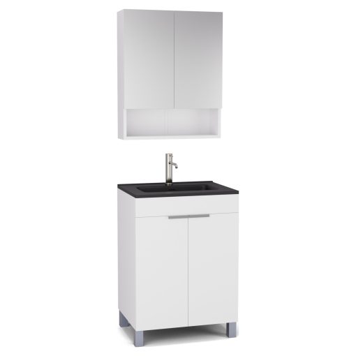 HD Paris Matt White 60 komplett fürdőszoba bútor álló mosdószekrénnyel, szálcsiszolt króm elemekkel, matt fekete slim mosdóval és tükrös szekrénnyel