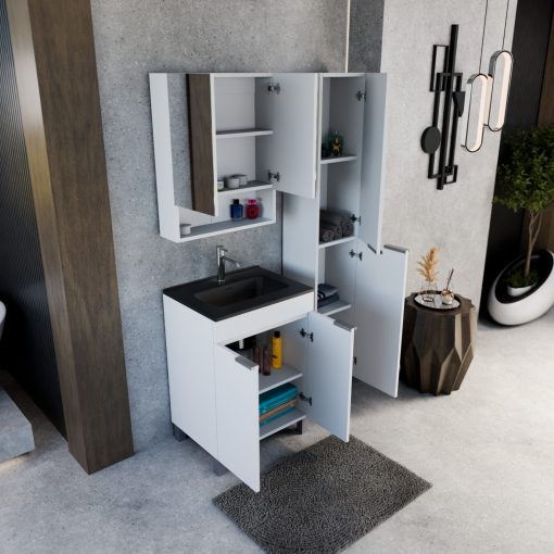 HD Paris Matt White 60 komplett fürdőszoba bútor álló mosdószekrénnyel, szálcsiszolt króm elemekkel, matt fekete slim mosdóval és tükrös szekrénnyel