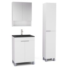 HD Paris Matt White 60 komplett fürdőszoba bútor szett álló mosdószekrénnyel, szálcsiszolt króm elemekkel, matt fekete slim mosdóval, tükrös szekrénnyel és magasszekrénnyel