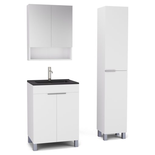 HD Paris Matt White 60 komplett fürdőszoba bútor szett álló mosdószekrénnyel, szálcsiszolt króm elemekkel, matt fekete slim mosdóval, tükrös szekrénnyel és magasszekrénnyel