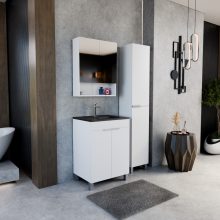 HD Paris Matt White 60 komplett fürdőszoba bútor szett álló mosdószekrénnyel, szálcsiszolt króm elemekkel, matt fekete slim mosdóval, tükrös szekrénnyel és magasszekrénnyel