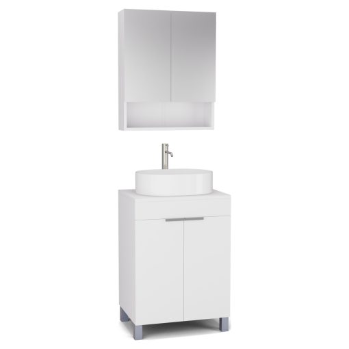 HD Paris Matt White 60 komplett fürdőszoba bútor álló mosdószekrénnyel, szálcsiszolt króm elemekkel, matt fehér mosdópulttal és tükrös szekrénnyel