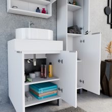 HD Paris Matt White 60 komplett fürdőszoba bútor álló mosdószekrénnyel, szálcsiszolt króm elemekkel, matt fehér mosdópulttal és tükrös szekrénnyel